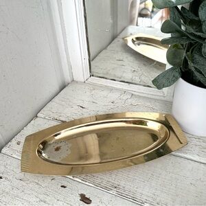 Vintage MCM Gold Metal Tray Catchall Dish Candle Holder Ridged Edges 9.5x4.5”